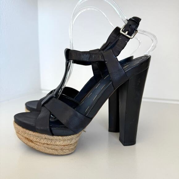 Miu Miu Platform Espadrille Sandals Navy Leather Strappy Heels Size 38 Italy - Picture 9 of 13